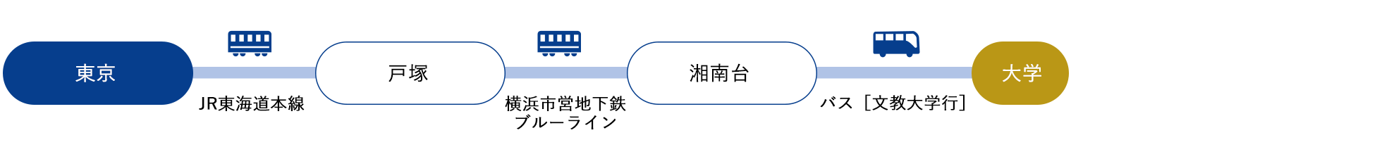 東京[JR東海道本線]→戸塚[横浜市営地下鉄ブルーライン]→湘南台[バス]（約50分）