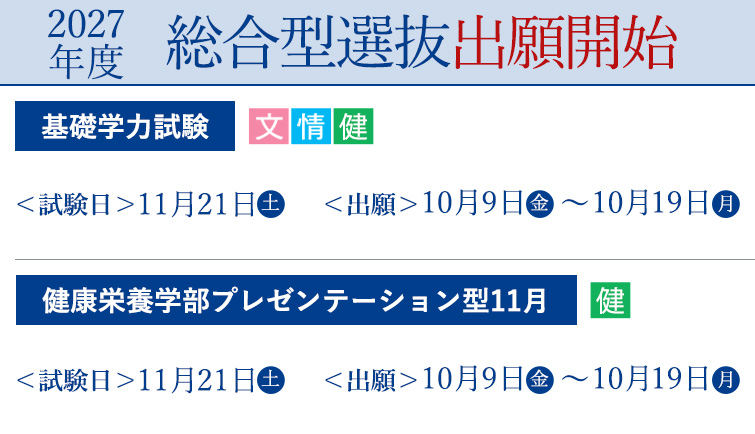 出願開始　総合型選抜（基礎学力試験・健康栄養学部プレゼンテーション型11月）